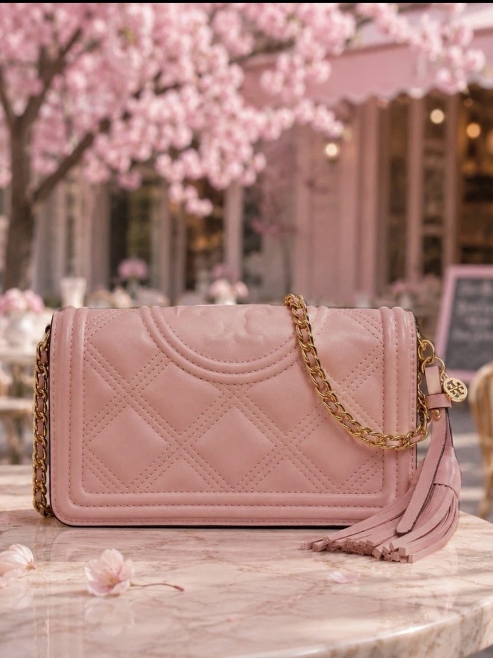 Tory Burch Fleming Pink Moon Quilted Leather Chain Wallet Crossbody Bag